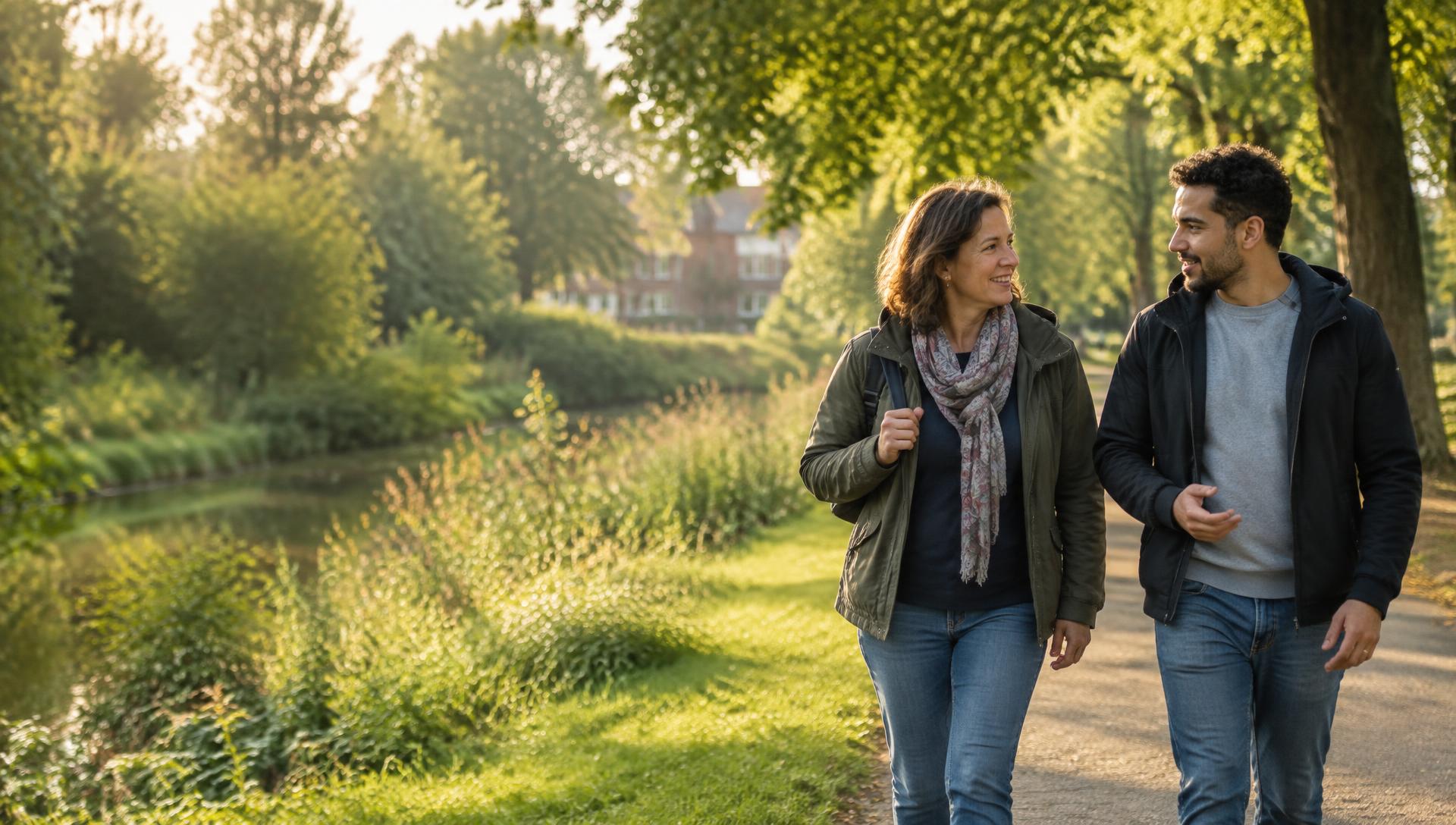 Twee mensen wandelen samen en zijn in gesprek in een groen park.